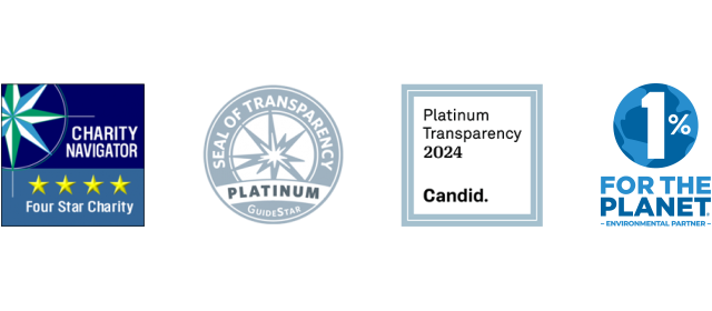 Logos and seals representing various charity ratings and transparency certifications.