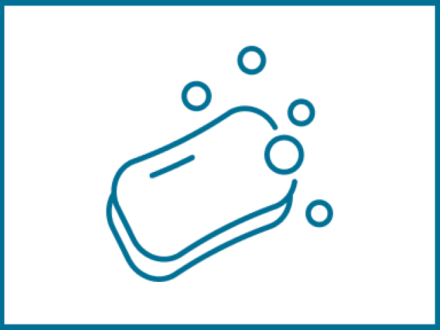 A simple blue outline of a sponge with bubbles around it.