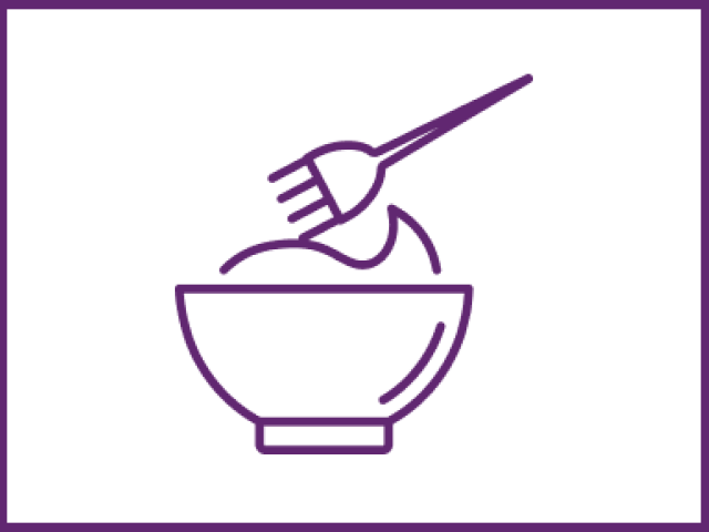 A purple outline of a bowl with a fork mixing food inside.